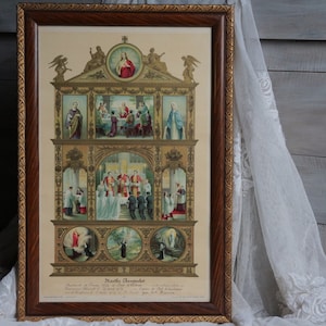 Litografía francesa antigua en color dorado, certificado de Primera Comunión, Bautismo, Apóstoles, Confirmación, Última Cena, Virgen María, Santa Teresa, Lourdes