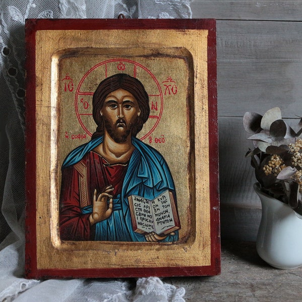Vintage gilded wood Greek icon. Byzantine icon. Eastern Orthodox icon Jesus the Saviour.