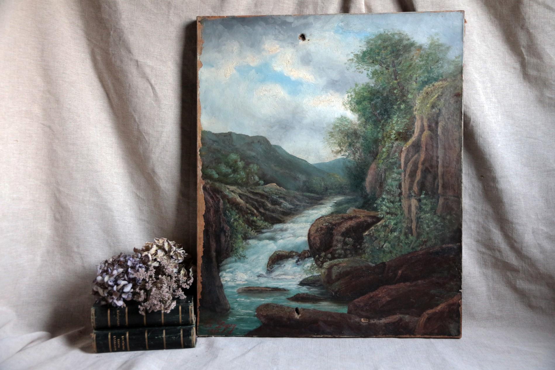 アンティークフランス風景油絵、急流、署名・日付入り、1896年 - Etsy 日本