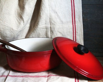 French vintage Nomar (Staub) red enamel cast iron dutch oven. Casserole. Fait tout. French country kitchen