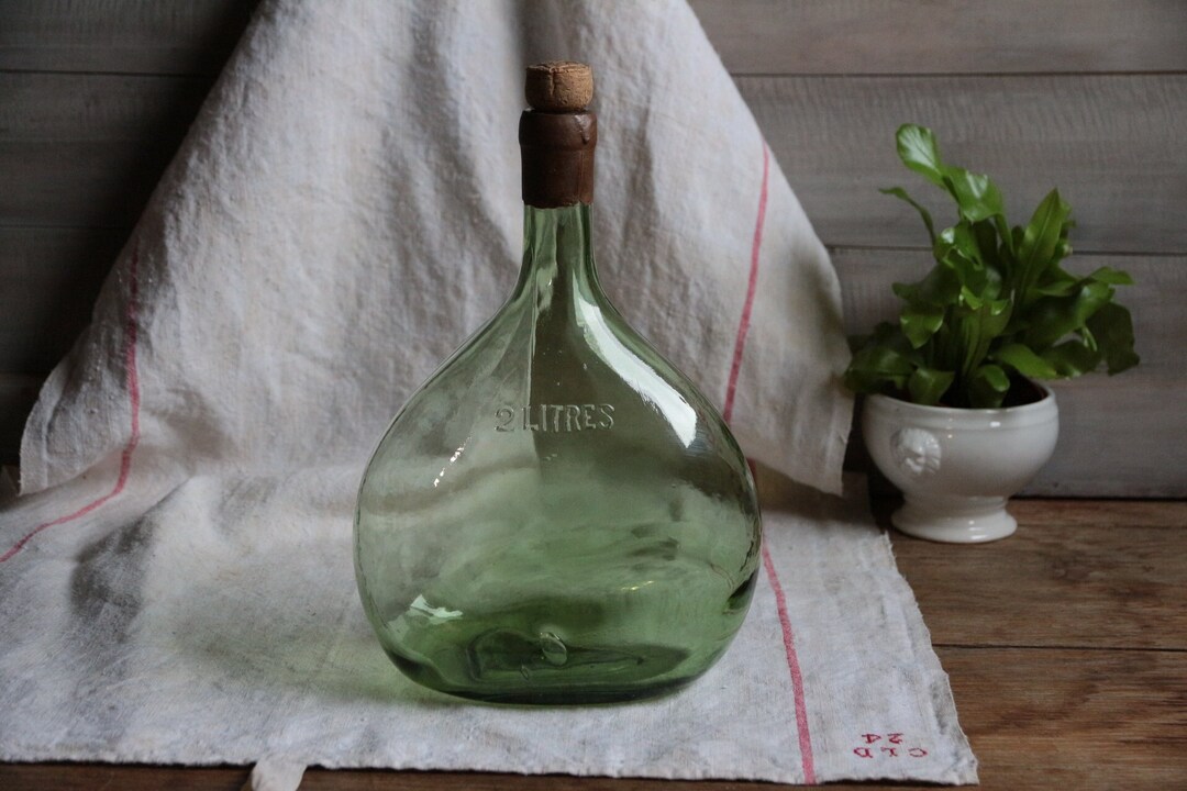 Antique French Green Glass Demi John Wine Bottle. Mouth Blown French