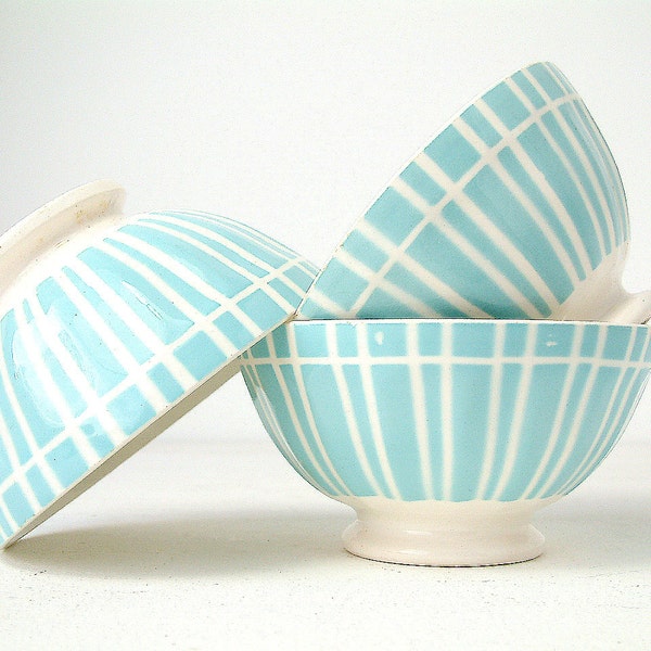 RESERVED for C. RESERVED  Set of 3 French vintage small cafe au lait bowls with turquoise stripes. Digoin Sarreguemines.