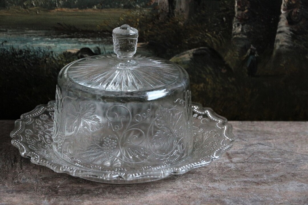 Antique French Pressed Glass Dome With Under Plate. Etched Cut Glass