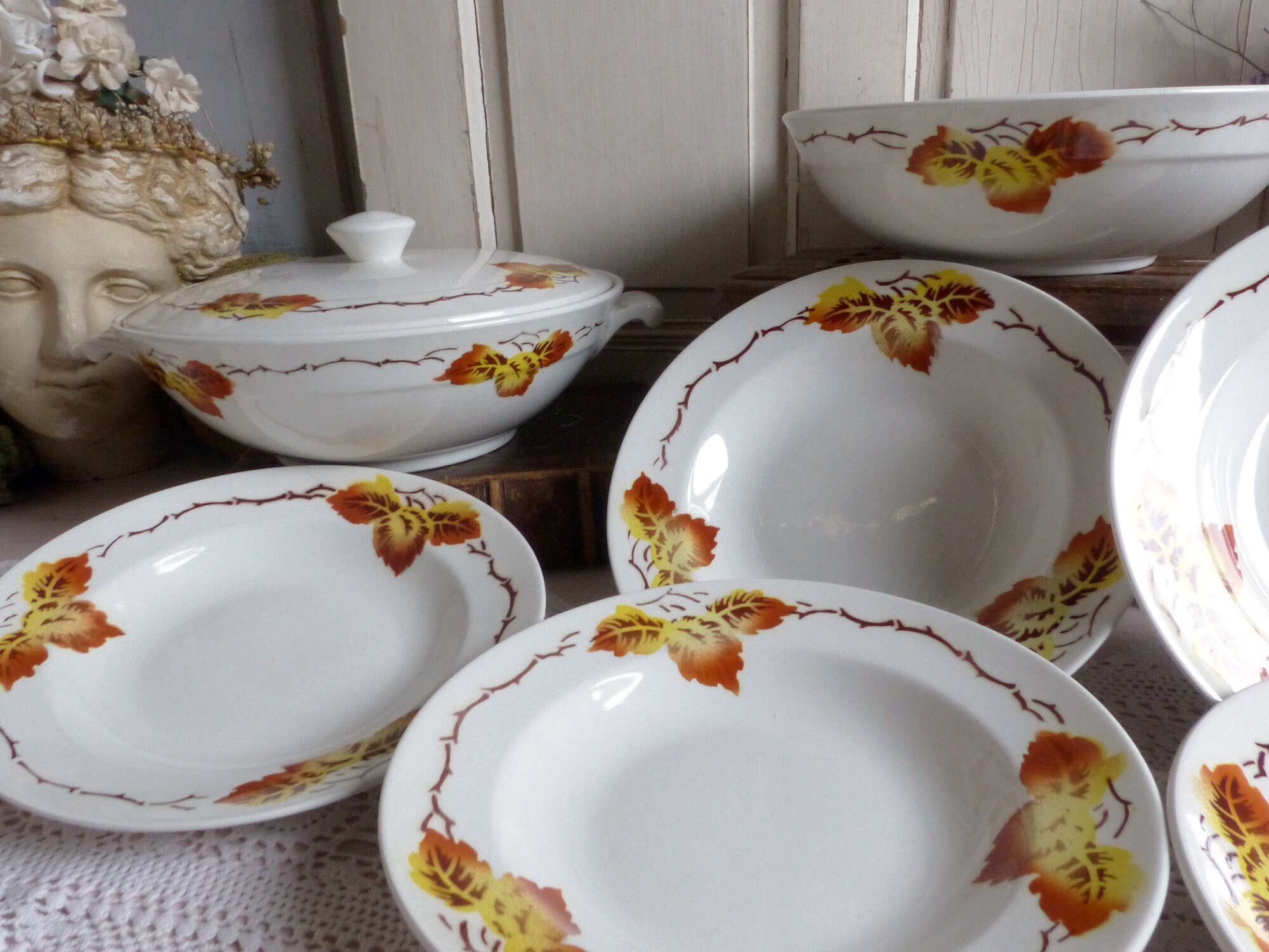 Français Pochoir Vintage Automne Feuilles Soupe/Salade Ensemble. Ensemble de Chowder. Bol Chili. Bol