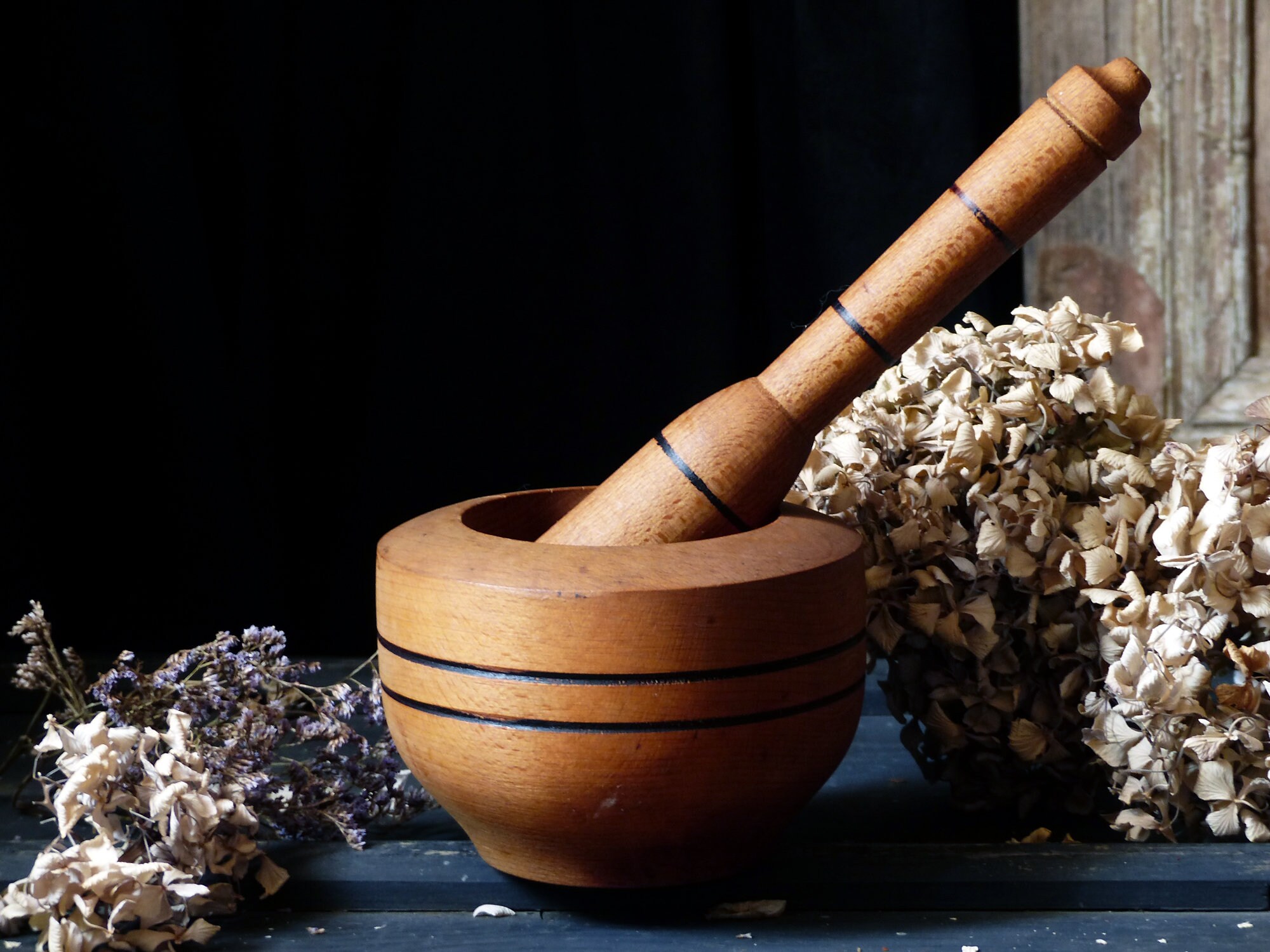 Antique Français Mortier et Pilon en Bois. Photo Accessoires Bol Bol Rustique Antique Cuisine de Cam