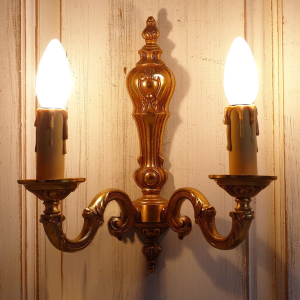 One French vintage gilded bronze double branch light sconce. Louis XIV style. French chateau decor. Shabby chic decor