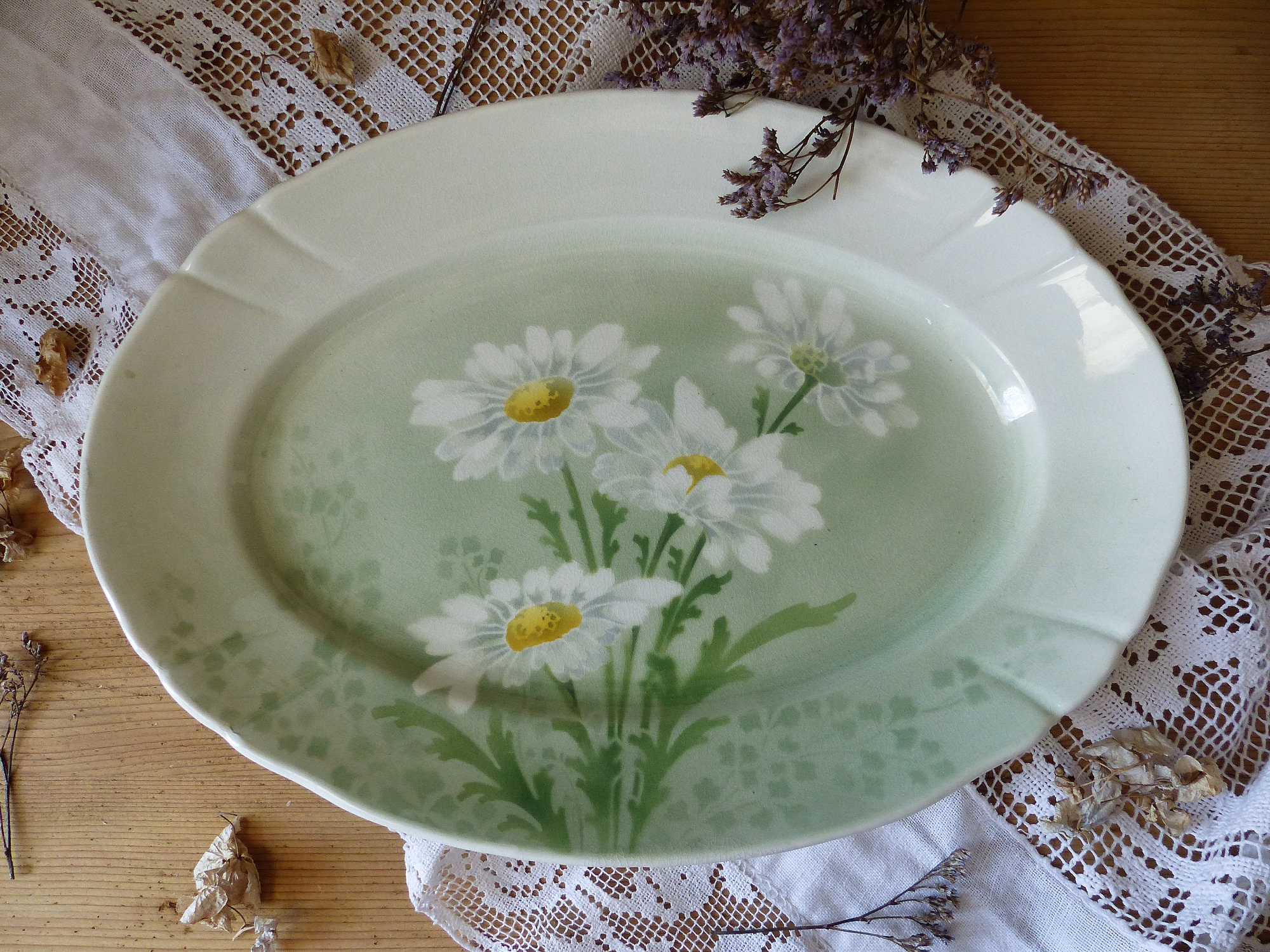 Plateau de Service Ovale Moyen Français Antique Pochoirware. Plateau Viande Pochoir Vert d'aérograph