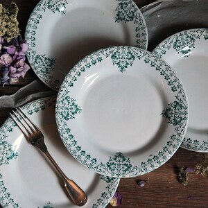 Set of 4 Antique french art nouveau green transferware dinner/flat plates. French country. Ironstone tea plates. Cottage core decor.
