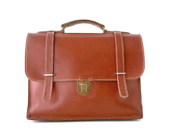 French vintage genuine leather briefcase schoolbag. Laptop case