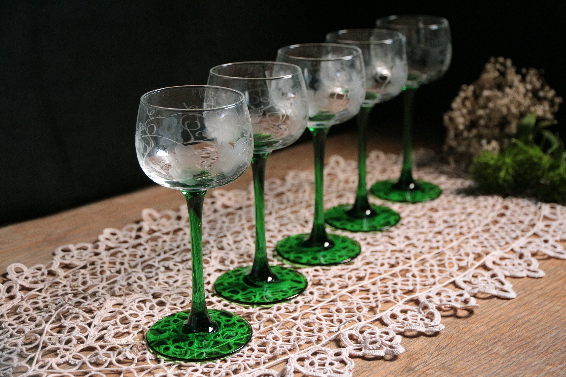 6 Alsatian wine glasses with green stems – Chez Pluie