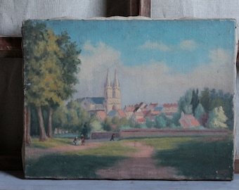 Ancien tableau de village français. Jardin de l'église cathédrale Ferme de campagne française. Peinture folklorique. Peinture naïve. Rustique. Cottage minable