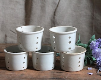 Set of 5 antique french stoneware cheese moulds. French cheese strainer. Cheese making. Rustic Natural home decor. French country