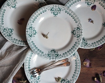 Set of 4 Antique french art nouveau green transferware dessert plates. French country. Tea plates. Cottage core decor.