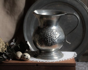 French vintage pewter pitcher. Grapes and grape vine details. Engraved. Primitive rustic home decor. Victorian Gothic Renaissance decor