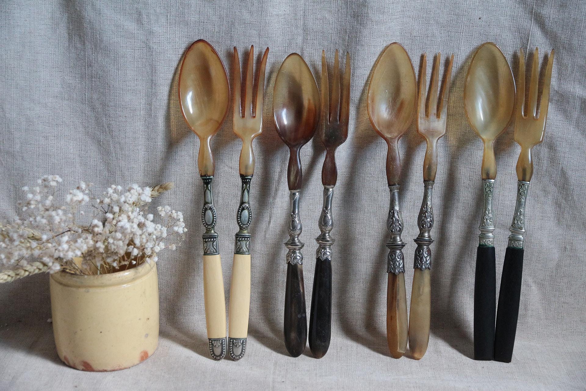 アンティークフレンチサラダサービングセット（4組）角と黒檀の木製