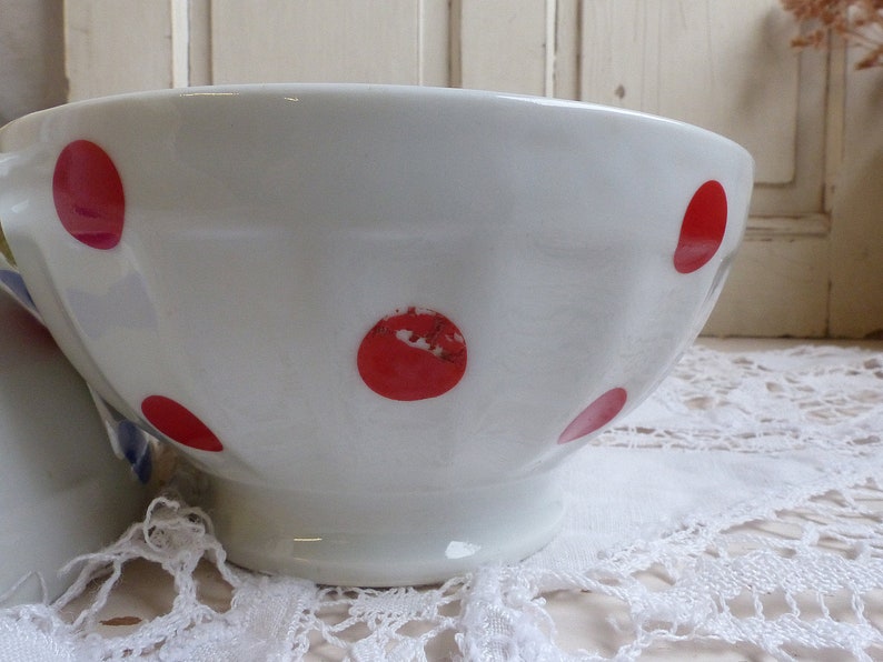 French vintage red and blue polka dot bowls French vintage coffee bowls Chauvigny porcelain cafe au lait bowls French country kitchen