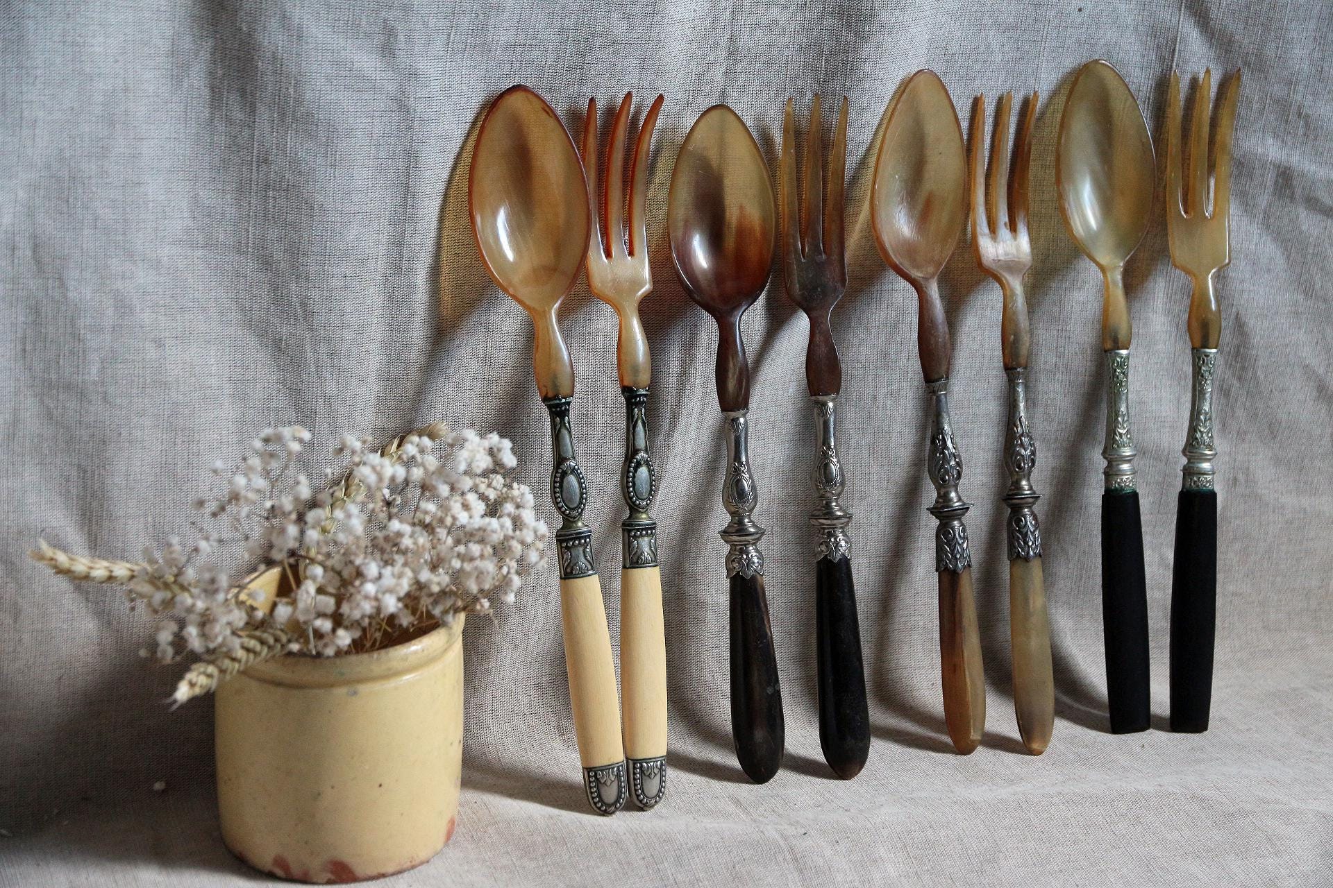 アンティークフレンチサラダサービングセット（4組）角と黒檀の木製