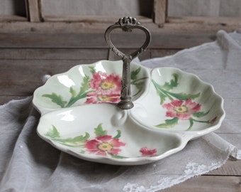 Antique french majolica cake plate with center handle. Divided serving dish. Pink flowers Majolica 3 part serving plate