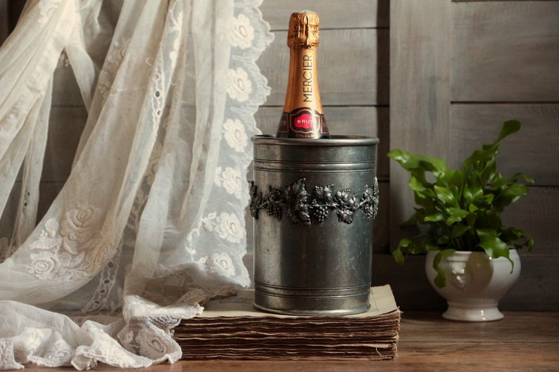 French vintage pewter champagne ice bucket. Pewter wine bucket. Wine cooler. Rustic wedding decor. Christmas. New Years eve image 1