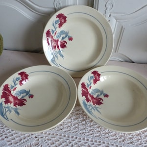 Set of 3 antique french stencilware soup plates. French deep plates. Red and blue carnation. French deep plates. Pasta plates. Salad plates