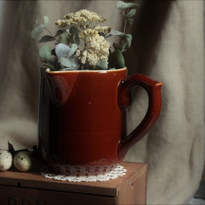 French vintage rustic glazed stoneware jug with side handle. Side handle milk pitcher. French country kitchen decor