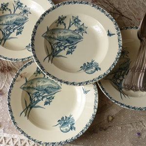 Set of 4 French antique ironstone teal blue transferware deep soup plates. Pasta bowl. Salad plate. Teal transferware. Aesthetic Movement