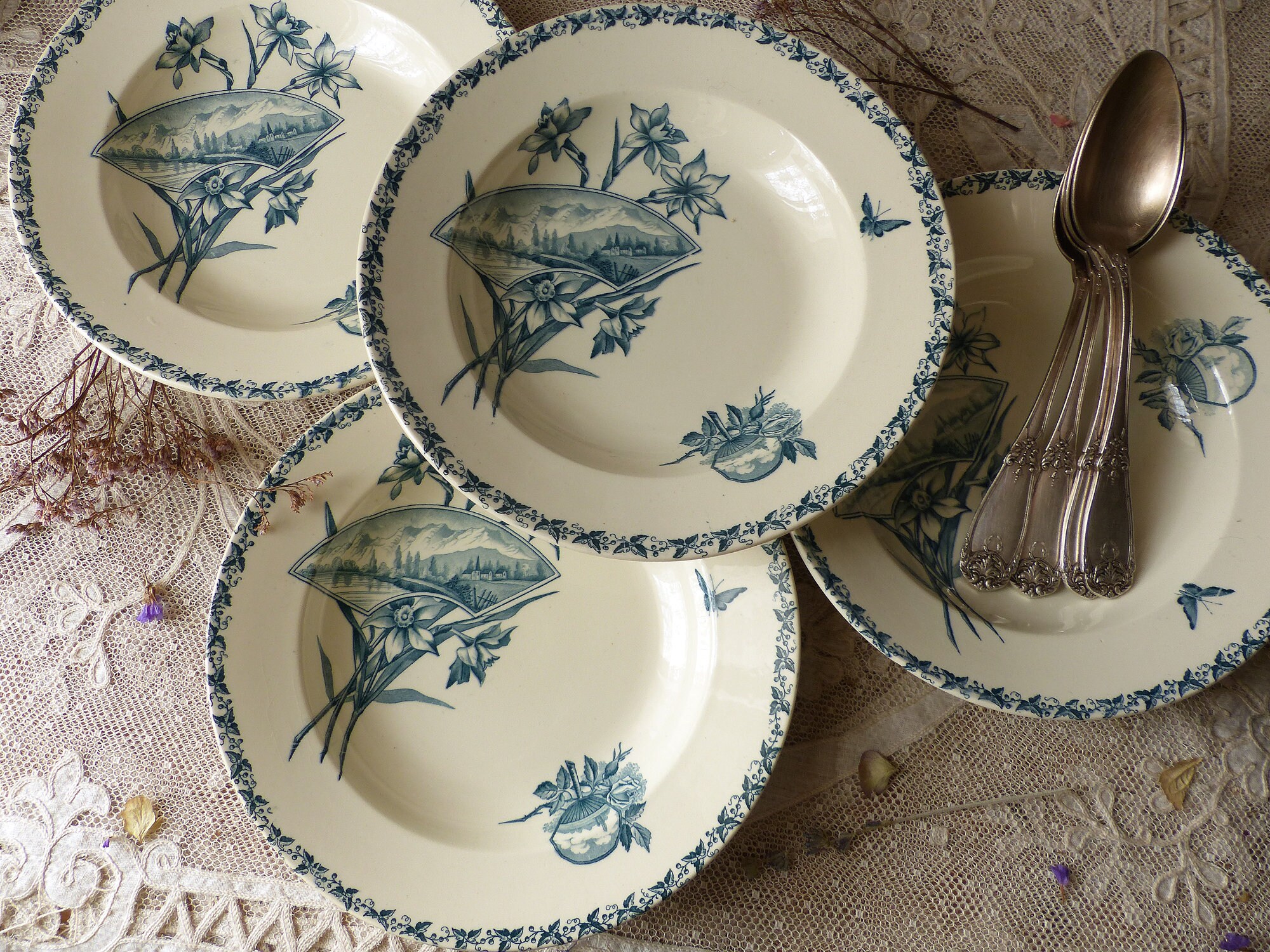 Set of 4 French antique ironstone teal blue transferware deep soup plates. Pasta bowl. Salad plate. Teal transferware. Aesthetic Movement