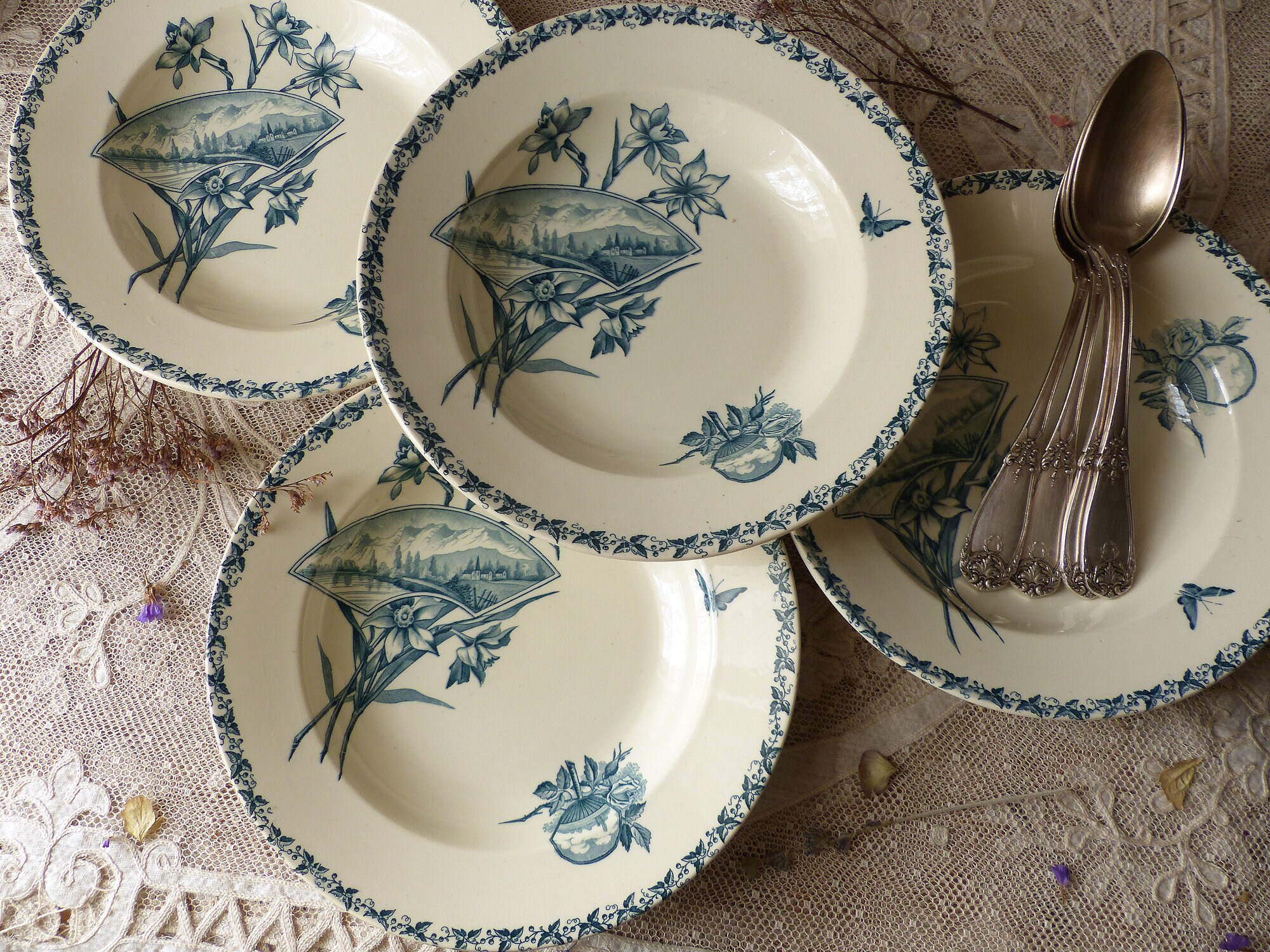 Ensemble de 4 Français Plaques Soupe en Métal Bleu Sarcelle Antique. Bol Pâtes. Assiette à Salade. T