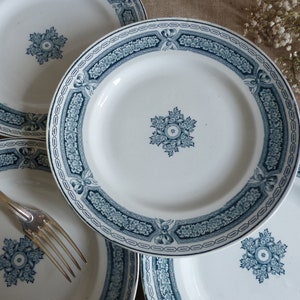 Set of 4 Antique french teal blue-green ransferware flat plates. French transferware. Flower garland. Ribbons Bows. English style