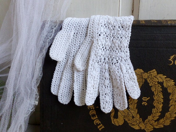 French antique hand crochet lace gloves. White sm… - image 2