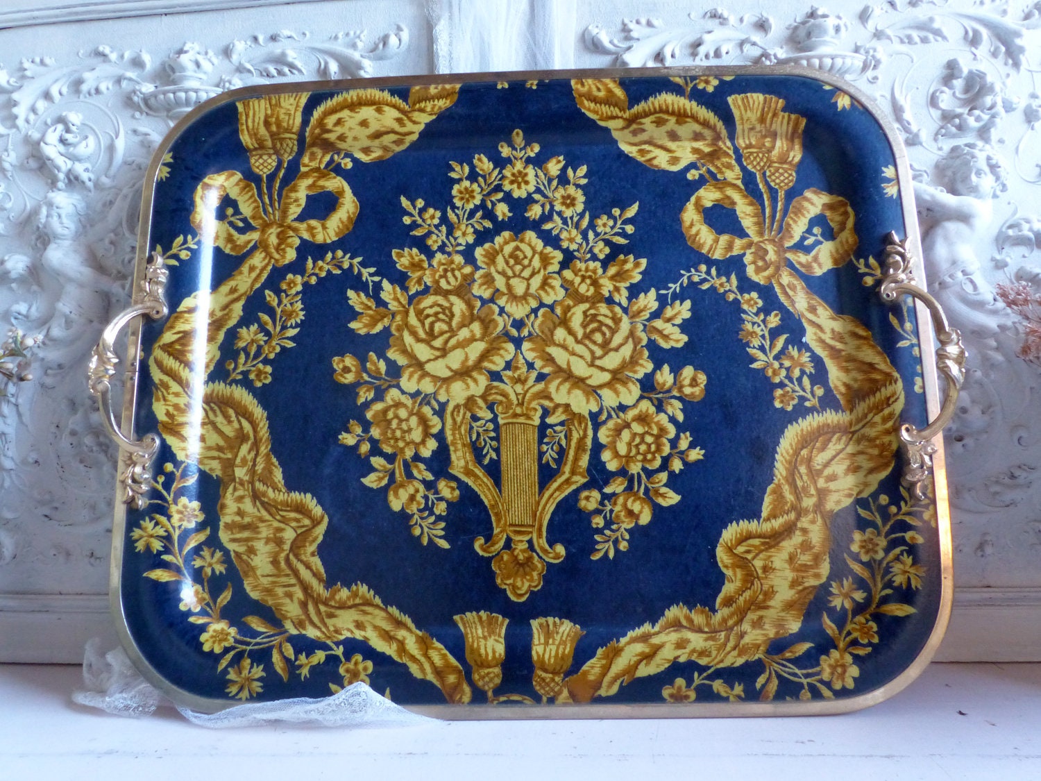 Plateau à Thé Vintage Français Résine. Grand Plateau de Service. Plateau Bleu Marine et Or avec Poig