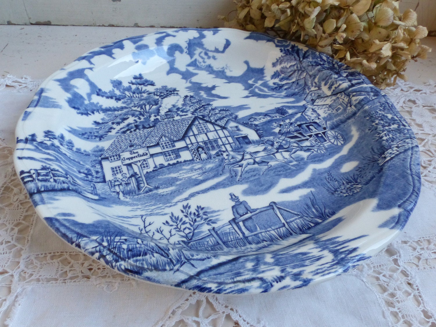 Français Bleu Vintage Transferware Peu Profond Bol de Service. Plat Service Rond. Style Anglais Tran