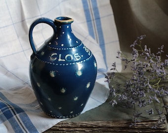 Antique french Alsace pottery wine pitcher. Polka dot blue glaze pottery pitcher. French country blue kitchen decor