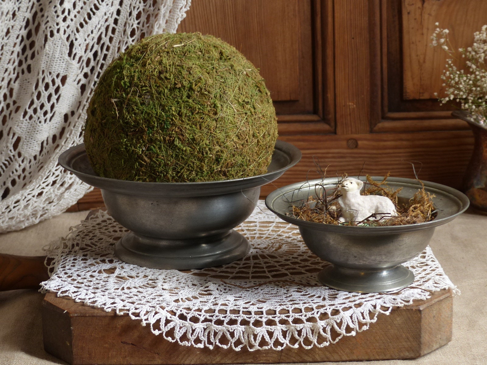 Ensemble de 2 Bols en Étain Antiques Français Pieds. Plat Étain. Pot-Pourri. Décor Rustique Ferme. M