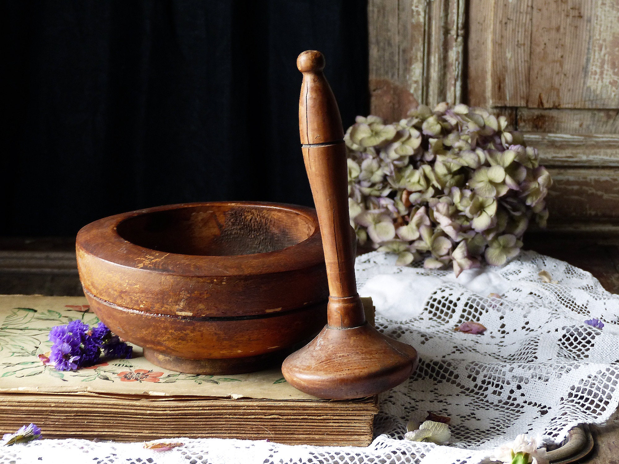 Mortier Français Mortier en Bois Antique et Pilon Rond de Tête. Accessoires Photo Bol Bois. Bol Rust