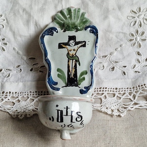 Vintage glazed terra cotta holy water font. Rustic home decor Glazed pottery holy water font Naive art Crucifix