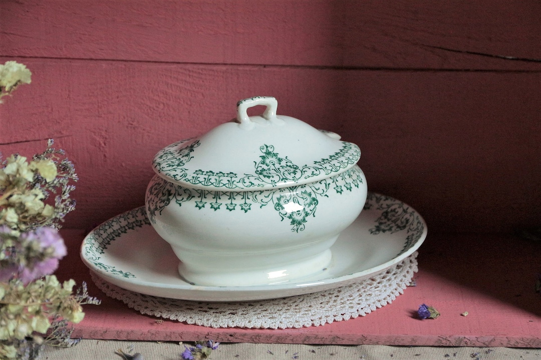 Antique French Green Transferware Gravy Boat. Sauce Boat. Art Nouveau Green Transferware Sauce