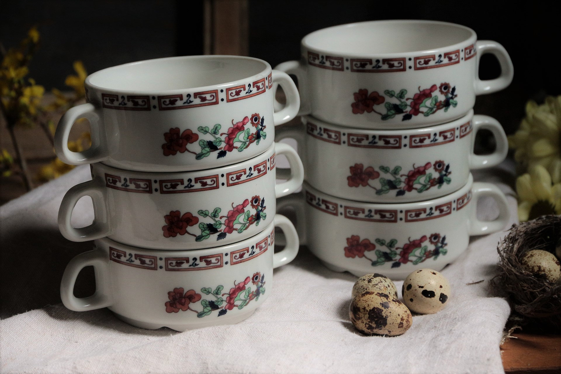 Set of 6 french vintage Sarreguemines bouillon bowls. Double handle bowls. Broth bowls. Dessert bowls. Chinoiserie style