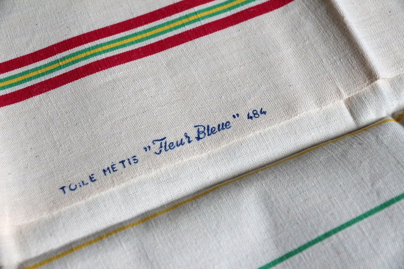 Set of 3 French vintage never used thick metis linen cotton tea towels. Green red yellow stripe Rustic French country ktichen. Farmhouse image 3