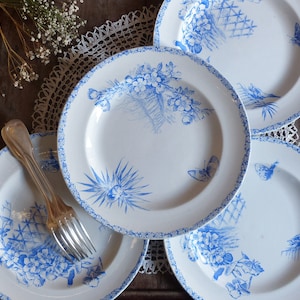 Antique french bright blue ironstone transferware plates. Set of 4. Antique french transferware. Bright blue transferware. Antique plates