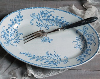 One antique french blue transferware large oval platter. Shabby french cottage chic Jeanne d'Arc living decor