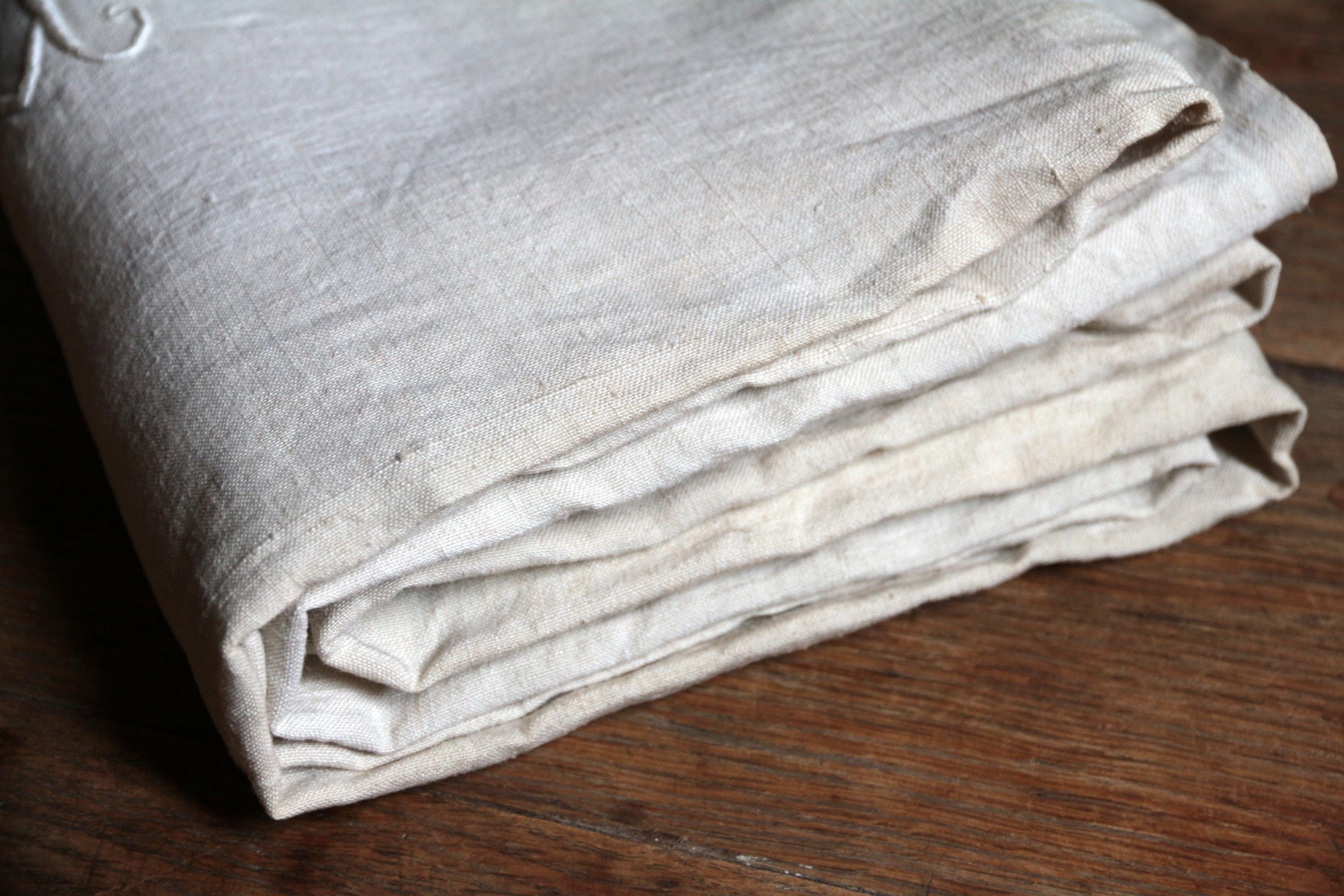 ANCIEN TRÈS GRAND drap brodé en lin de fleur monogramme PR 234 cm large