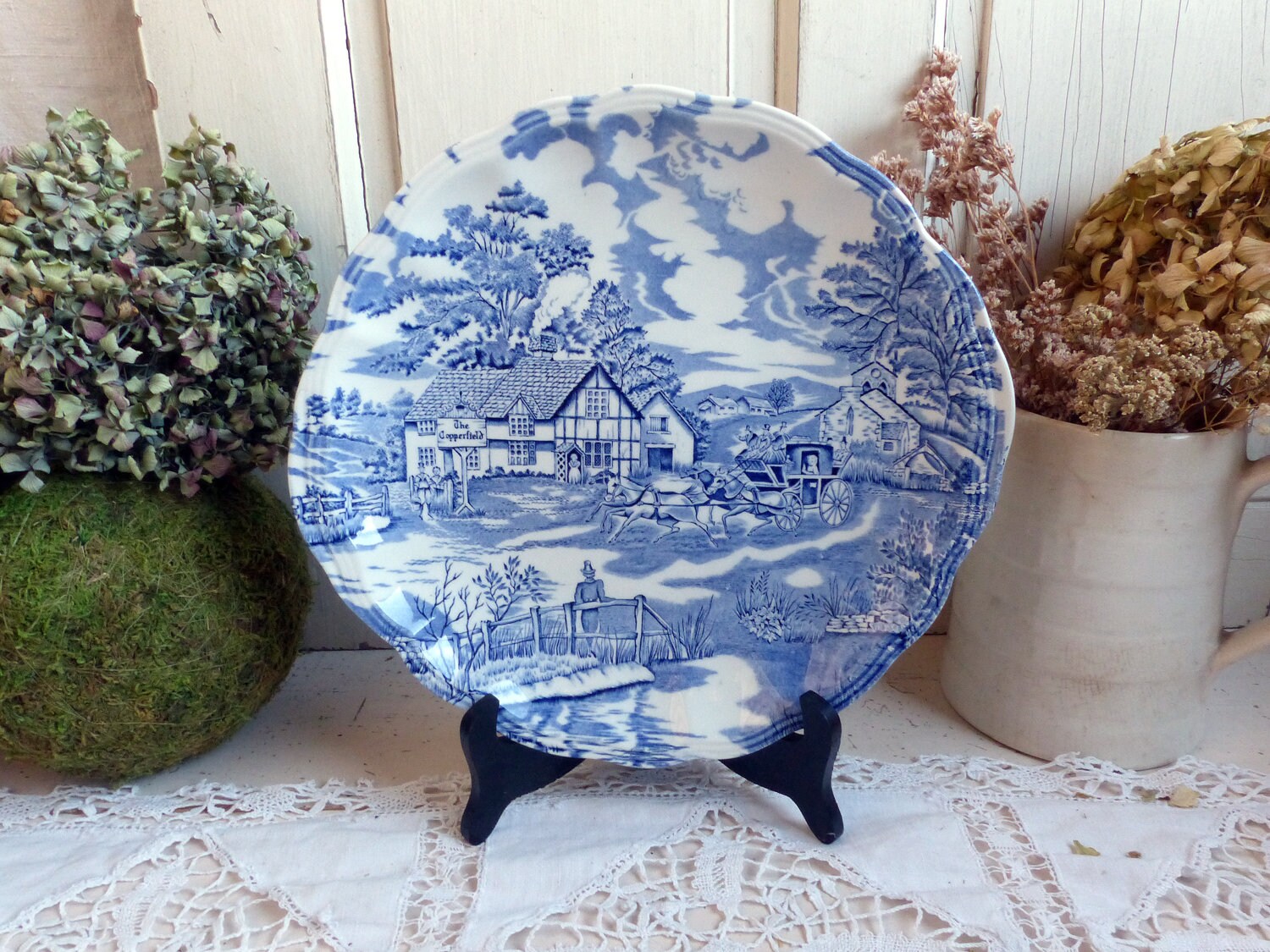 Plateau de Grand Gâteau Français Bleu Vintage Transferware. Plateau Rond avec Anses. Style Anglais P