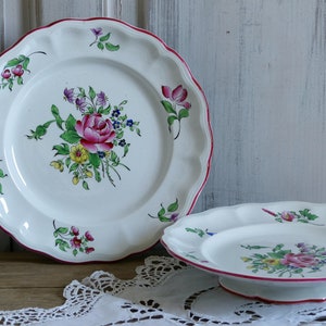 One antique french Strasbourg floral cake stand. Rainbow colors rose flower. Footed cake plate. French Ironstone Lunéville