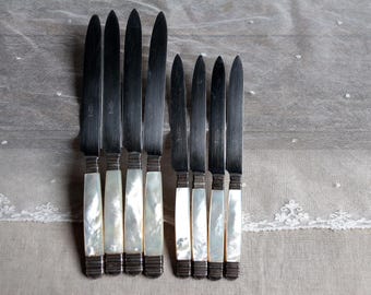 Antique French Cheese Knives Set, Mother of Pearl Handles
