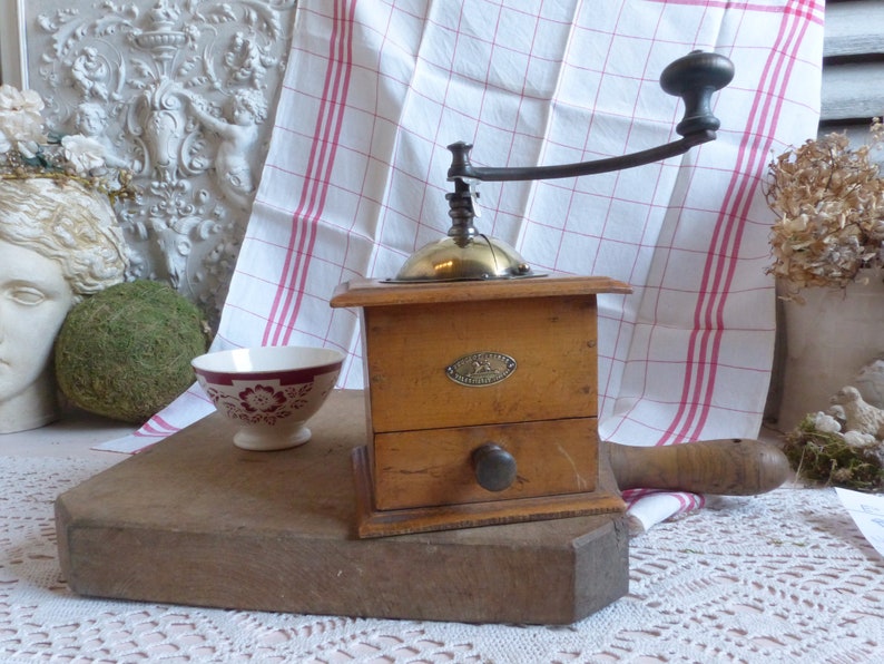 French coffee grinder French country kitchen Rustic farmhouse Manual grinder Antique french Peugot wood coffee grinder with brass cover