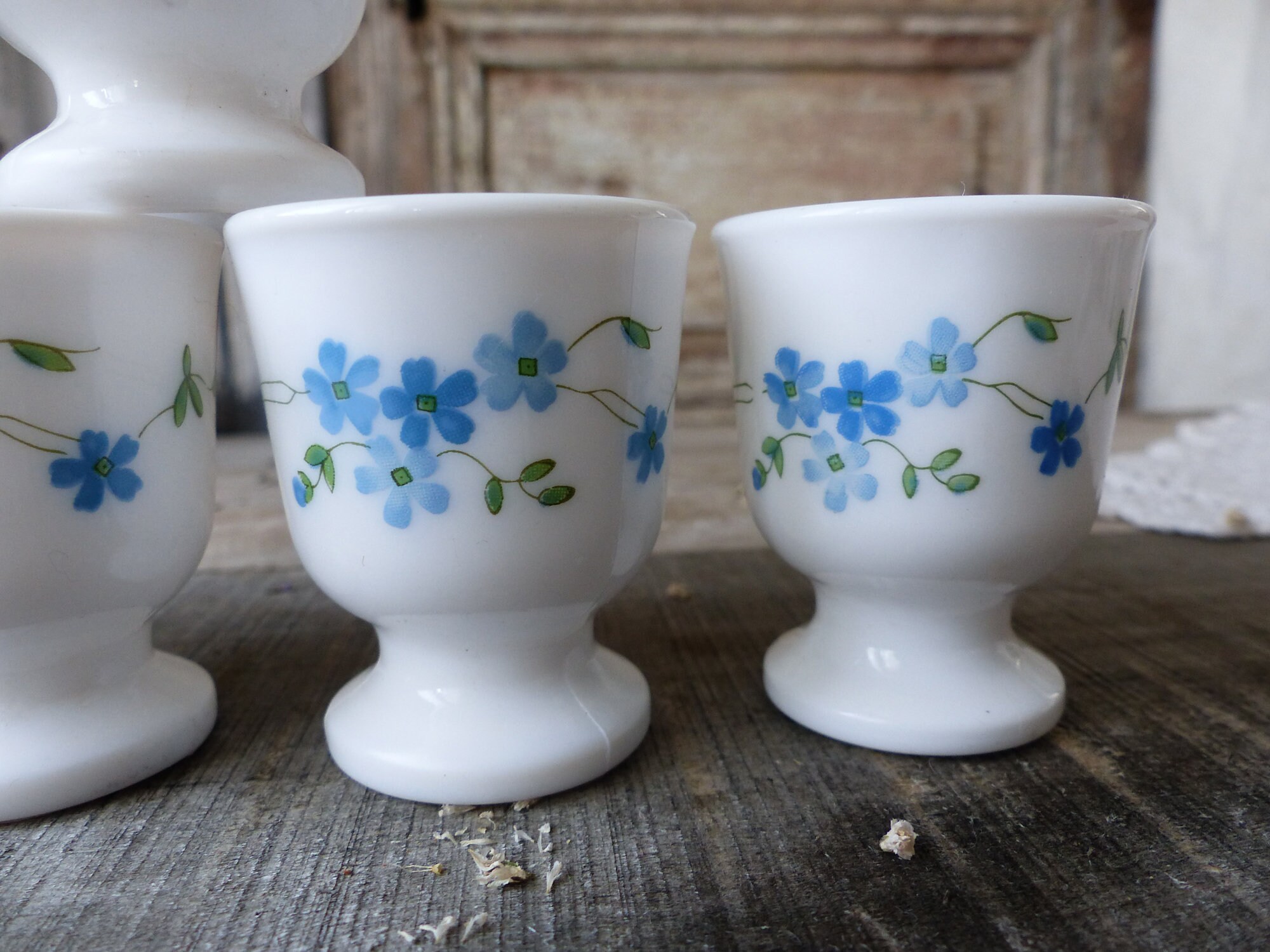Lot De 6 Coquetiers Anciens Arcopal Veronica – Décor Myosotis Fleurs Bleues