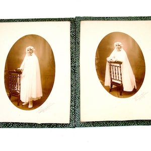 Antique french Communion photos. 1900s girl in communion dress. Sepia tone photos. Set of 2. Black and white photos. Shabby french decor