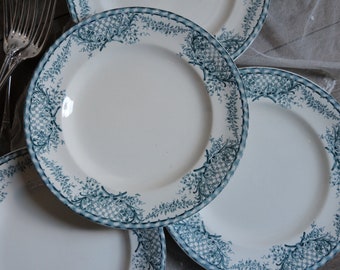 Set of 4 French antique ironstone teal blue transferware dinner flat plates. Blue teal transferware. Jeanne d'Arc living. French country