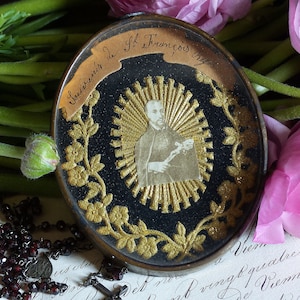 Antique French Saint Regis Souvenir, Gold Brocade Religious Votive